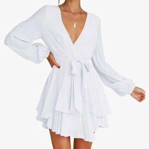 White deep V flowy dress